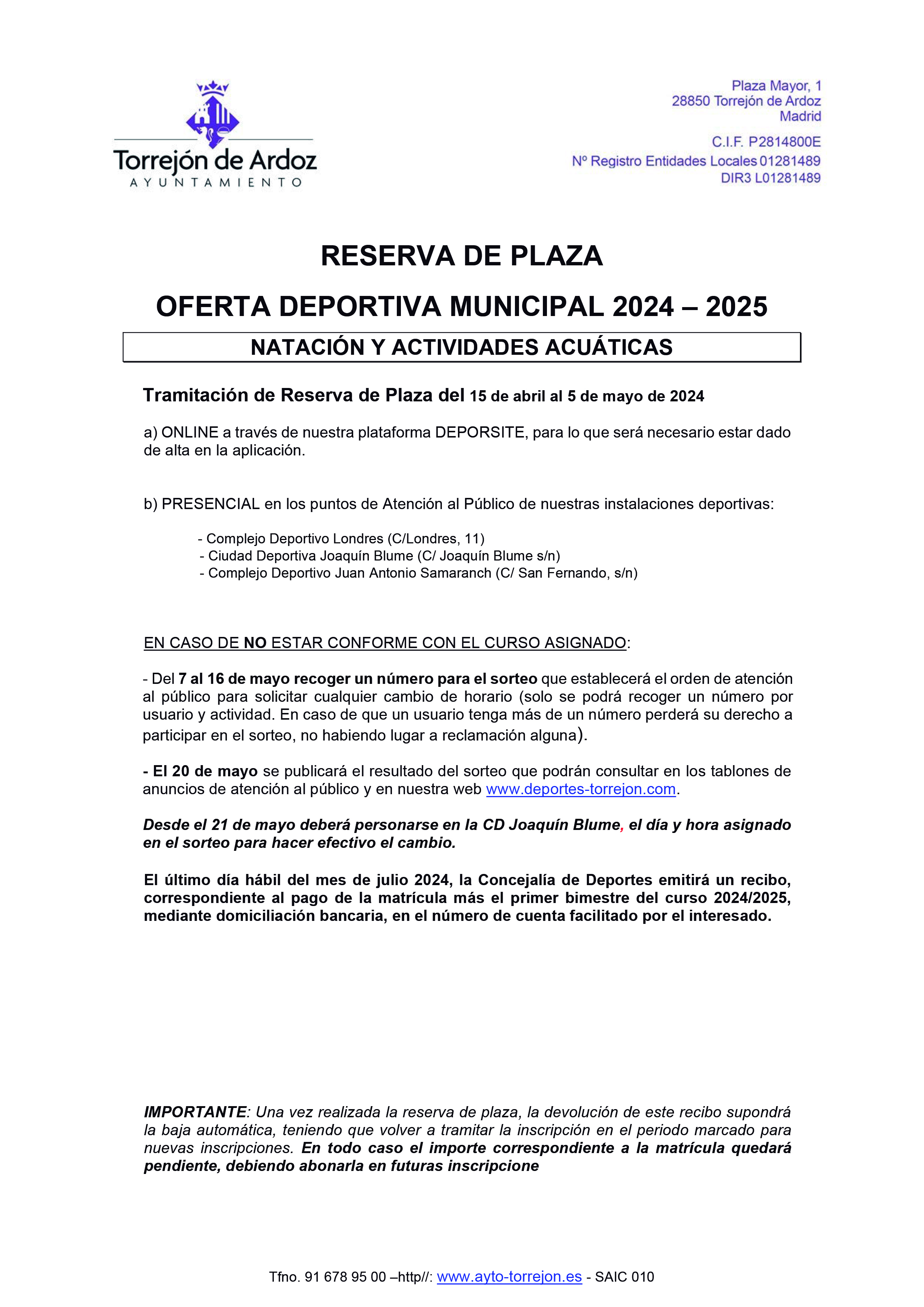 Reserva de Plaza Natación curso 24-25