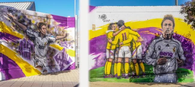 José María Gutiérrez “Guti” con la camiseta del Real Madrid en el mural realizado por el torrejonero CAMPU
